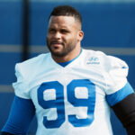 Aug 30, 2026; Woodland Hills, CA, USA; Los Angeles Rams defensive end Aaron Donald (99) at practice at the Rams Practice Facility. Mandatory Credit: Kirby Lee-Imagn Images
