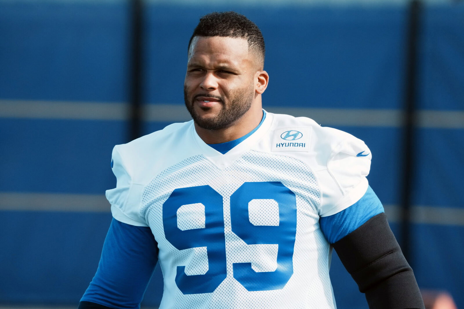 Aug 30, 2026; Woodland Hills, CA, USA; Los Angeles Rams defensive end Aaron Donald (99) at practice at the Rams Practice Facility. Mandatory Credit: Kirby Lee-Imagn Images