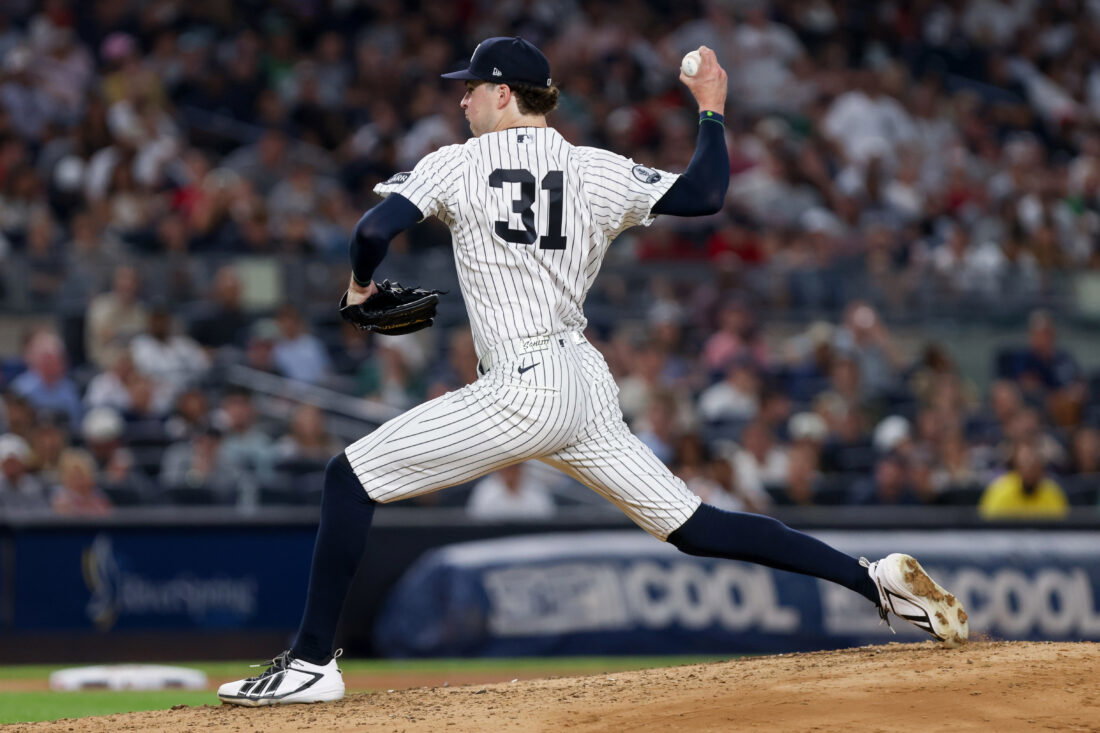 Aug 28, 2026; Bronx, New York, USA; New York Yankees pitcher Cam Schlittler (31) pitches against Boston Red Sox during the fourth inning at Yankee Stadium. Mandatory Credit: Tom Horak-Imagn Images