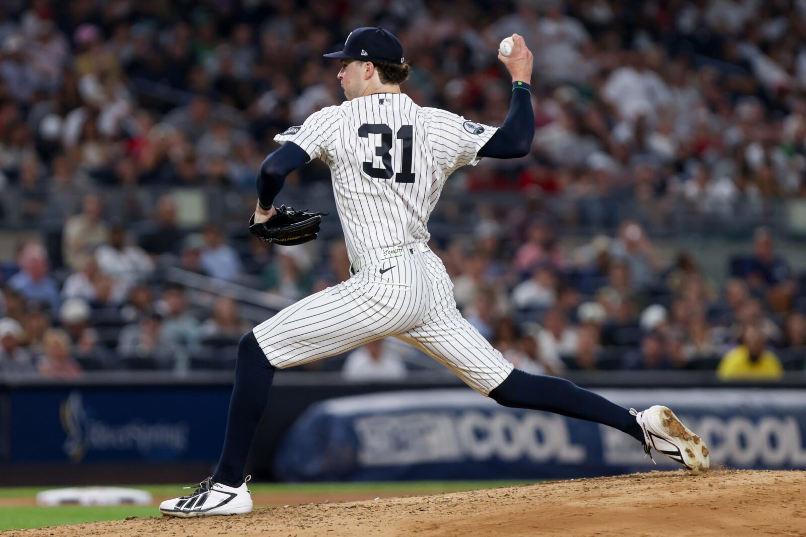 Aug 28, 2026; Bronx, New York, USA; New York Yankees pitcher Cam Schlittler (31) pitches against Boston Red Sox during the fourth inning at Yankee Stadium. Mandatory Credit: Tom Horak-Imagn Images