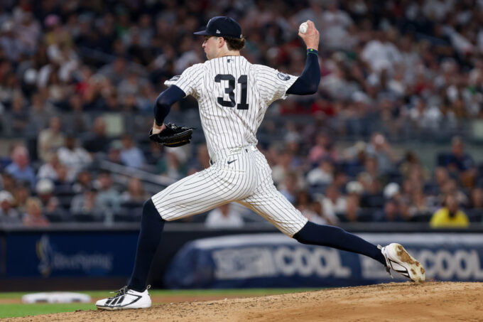 Aug 28, 2026; Bronx, New York, USA; New York Yankees pitcher Cam Schlittler (31) pitches against Boston Red Sox during the fourth inning at Yankee Stadium. Mandatory Credit: Tom Horak-Imagn Images
