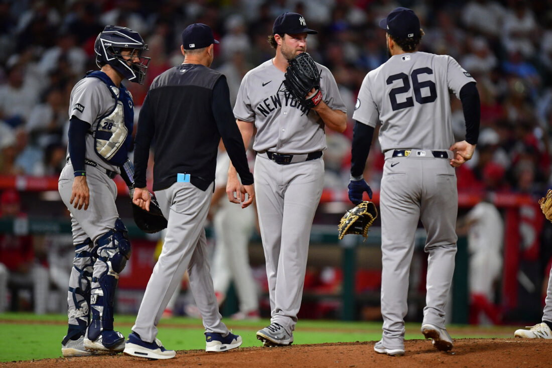 Sep 1, 2026; Anaheim, California, USA; New York Yankees pitcher Gerrit Cole (45) is relieved against the Los Angeles Angels during the sixth inning at Angel Stadium. Mandatory Credit: Gary A. Vasquez-Imagn Images