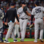 Sep 1, 2026; Anaheim, California, USA; New York Yankees pitcher Gerrit Cole (45) is relieved against the Los Angeles Angels during the sixth inning at Angel Stadium. Mandatory Credit: Gary A. Vasquez-Imagn Images