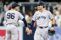 Sep 5, 2026; San Diego, California, USA; New York Yankees center fielder Spencer Jones (78) celebrates with shortstop George Lombard Jr. (96) after defeating the San Diego Padres at Petco Park. Mandatory Credit: David Frerker-Imagn Images