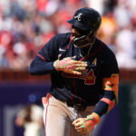 Sep 6, 2026; Philadelphia, Pennsylvania, USA; Atlanta Braves right fielder Ronald Acuna Jr. (13) reacts as he runs the bases after hitting a three RBI home run against the Philadelphia Phillies during the eighth inning at Citizens Bank Park. Mandatory Credit: Bill Streicher-Imagn Images