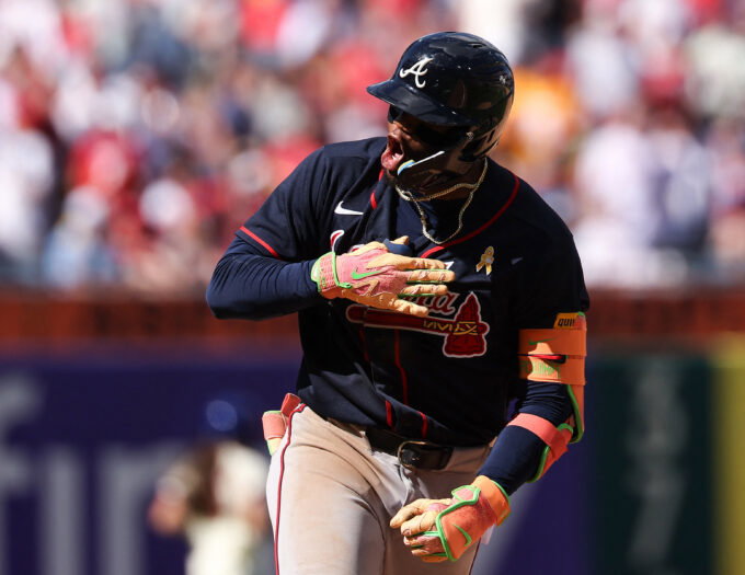 Sep 6, 2026; Philadelphia, Pennsylvania, USA; Atlanta Braves right fielder Ronald Acuna Jr. (13) reacts as he runs the bases after hitting a three RBI home run against the Philadelphia Phillies during the eighth inning at Citizens Bank Park. Mandatory Credit: Bill Streicher-Imagn Images
