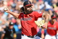 Sep 6, 2026; Cleveland, Ohio, USA; Cleveland Guardians pitcher Hunter Gaddis (33) throws a pitch during the eighth inning against the Detroit Tigers at Progressive Field. Mandatory Credit: Ken Blaze-Imagn Images