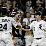 Sep 6, 2026; Chicago, Illinois, USA: Chicago White Sox catcher Kyle Teel (8) celebrates with right fielder Braden Montgomery (24) after they score on his three run home run during the eighth inning against the Minnesota Twins at Rate Field. Mandatory Credit: Matt Marton-Imagn Images