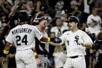 Sep 6, 2026; Chicago, Illinois, USA: Chicago White Sox catcher Kyle Teel (8) celebrates with right fielder Braden Montgomery (24) after they score on his three run home run during the eighth inning against the Minnesota Twins at Rate Field. Mandatory Credit: Matt Marton-Imagn Images