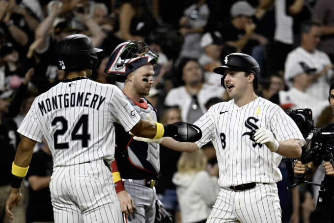 Sep 6, 2026; Chicago, Illinois, USA: Chicago White Sox catcher Kyle Teel (8) celebrates with right fielder Braden Montgomery (24) after they score on his three run home run during the eighth inning against the Minnesota Twins at Rate Field. Mandatory Credit: Matt Marton-Imagn Images