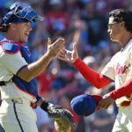 Sep 7, 2026; Philadelphia, Pennsylvania, USA; Philadelphia Phillies catcher J.T. Realmuto (10) and pitcher Jesús Luzardo (44) celebrate win against the Atlanta Braves at Citizens Bank Park. Mandatory Credit: Eric Hartline-Imagn Images