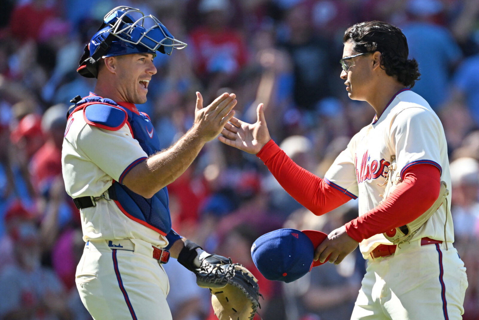 Sep 7, 2026; Philadelphia, Pennsylvania, USA; Philadelphia Phillies catcher J.T. Realmuto (10) and pitcher Jesús Luzardo (44) celebrate win against the Atlanta Braves at Citizens Bank Park. Mandatory Credit: Eric Hartline-Imagn Images