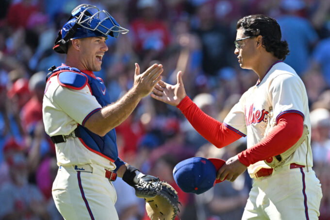 Sep 7, 2026; Philadelphia, Pennsylvania, USA; Philadelphia Phillies catcher J.T. Realmuto (10) and pitcher Jesús Luzardo (44) celebrate win against the Atlanta Braves at Citizens Bank Park. Mandatory Credit: Eric Hartline-Imagn Images