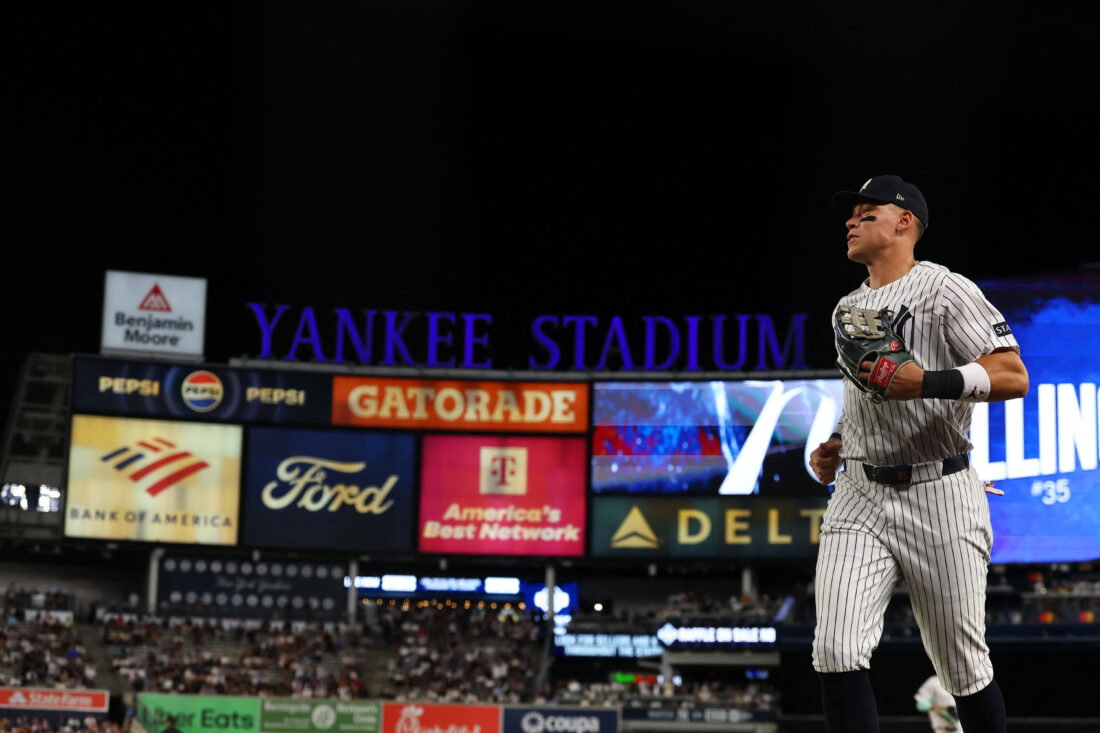 Sep 8, 2026; Bronx, New York, USA; New York Yankees right fielder Aaron Judge (99) runs off the field after the top of the third inning against the Colorado Rockies at Yankee Stadium. Mandatory Credit: Vincent Carchietta-Imagn Images