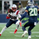 Sep 9, 2026; Seattle, Washington, USA; New England Patriots running back Rhamondre Stevenson (38) runs after a catch during the third quarter against the Seattle Seahawks at Lumen Field. Mandatory Credit: Steven Bisig-Imagn Images