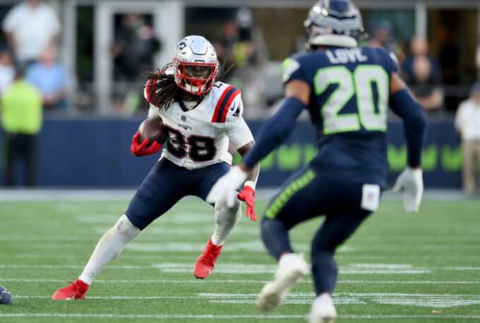 Sep 9, 2026; Seattle, Washington, USA; New England Patriots running back Rhamondre Stevenson (38) runs after a catch during the third quarter against the Seattle Seahawks at Lumen Field. Mandatory Credit: Steven Bisig-Imagn Images