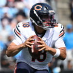 Sep 13, 2026; Charlotte, North Carolina, USA; Chicago Bears quarterback Caleb Williams (18) looks to throw in the second quarter against the Carolina Panthers at Bank of America Stadium. Mandatory Credit: Bob Donnan-Imagn Images