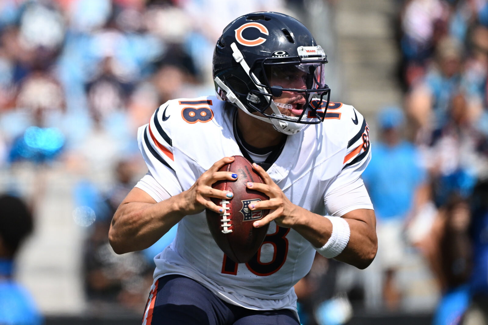 Sep 13, 2026; Charlotte, North Carolina, USA; Chicago Bears quarterback Caleb Williams (18) looks to throw in the second quarter against the Carolina Panthers at Bank of America Stadium. Mandatory Credit: Bob Donnan-Imagn Images