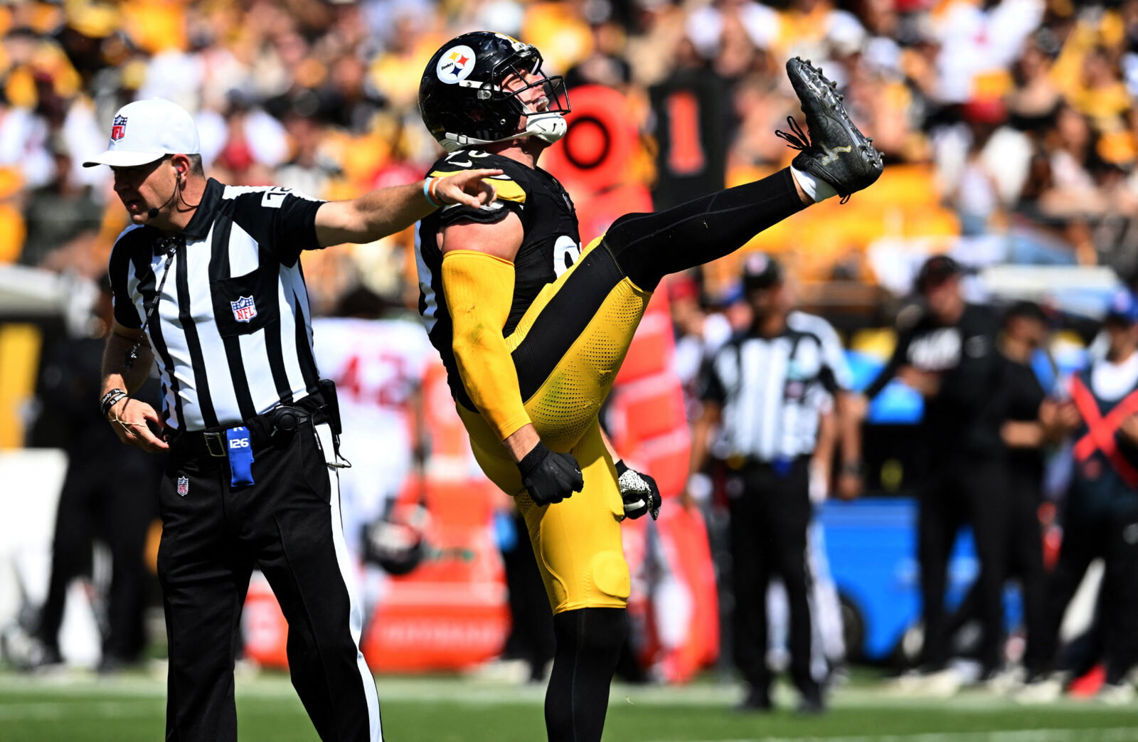 Sep 13, 2026; Pittsburgh, Pennsylvania, USA; Pittsburgh Steelers linebacker T.J. Watt (90) celebrates a sack during the second quarter against the Atlanta Falcons at Acrisure Stadium. Mandatory Credit: Barry Reeger-Imagn Images