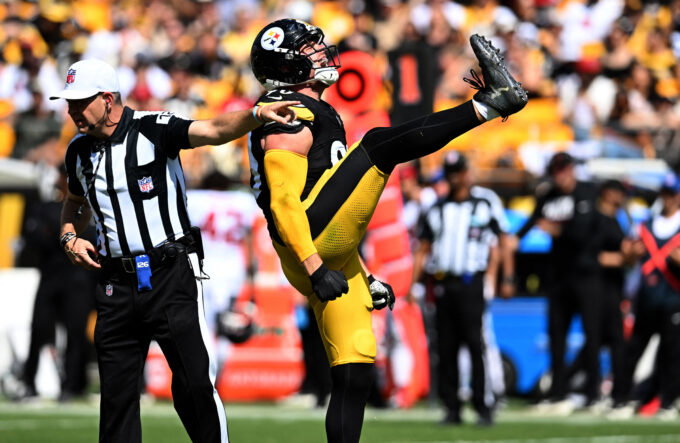 Sep 13, 2026; Pittsburgh, Pennsylvania, USA; Pittsburgh Steelers linebacker T.J. Watt (90) celebrates a sack during the second quarter against the Atlanta Falcons at Acrisure Stadium. Mandatory Credit: Barry Reeger-Imagn Images