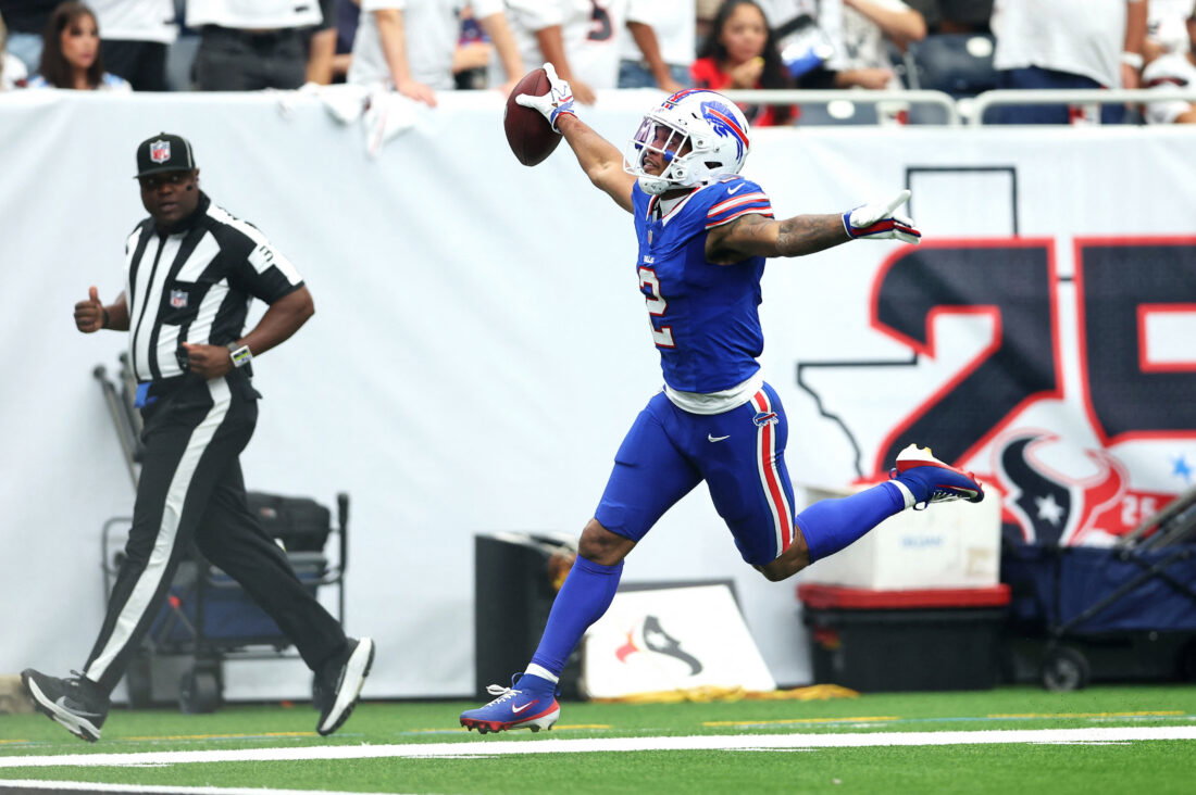Sep 13, 2026; Houston, Texas, USA; Buffalo Bills wide receiver DJ Moore (2) reacts after scoring a touchdown during the second quarter against the Houston Texans at Reliant Stadium. Mandatory Credit: Troy Taormina-Imagn Images