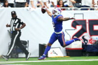 Sep 13, 2026; Houston, Texas, USA; Buffalo Bills wide receiver DJ Moore (2) reacts after scoring a touchdown during the second quarter against the Houston Texans at Reliant Stadium. Mandatory Credit: Troy Taormina-Imagn Images