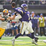 Sep 13, 2026; Minneapolis, Minnesota, USA; Minnesota Vikings quarterback Kyler Murray (1) drops back to make a pass during the first half against the Green Bay Packers at U.S. Bank Stadium. Mandatory Credit: Jeffrey Becker-Imagn Images