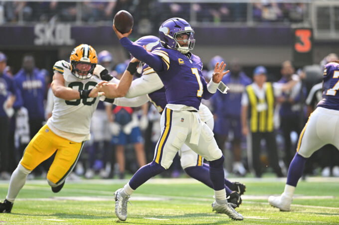 Sep 13, 2026; Minneapolis, Minnesota, USA; Minnesota Vikings quarterback Kyler Murray (1) drops back to make a pass during the first half against the Green Bay Packers at U.S. Bank Stadium. Mandatory Credit: Jeffrey Becker-Imagn Images