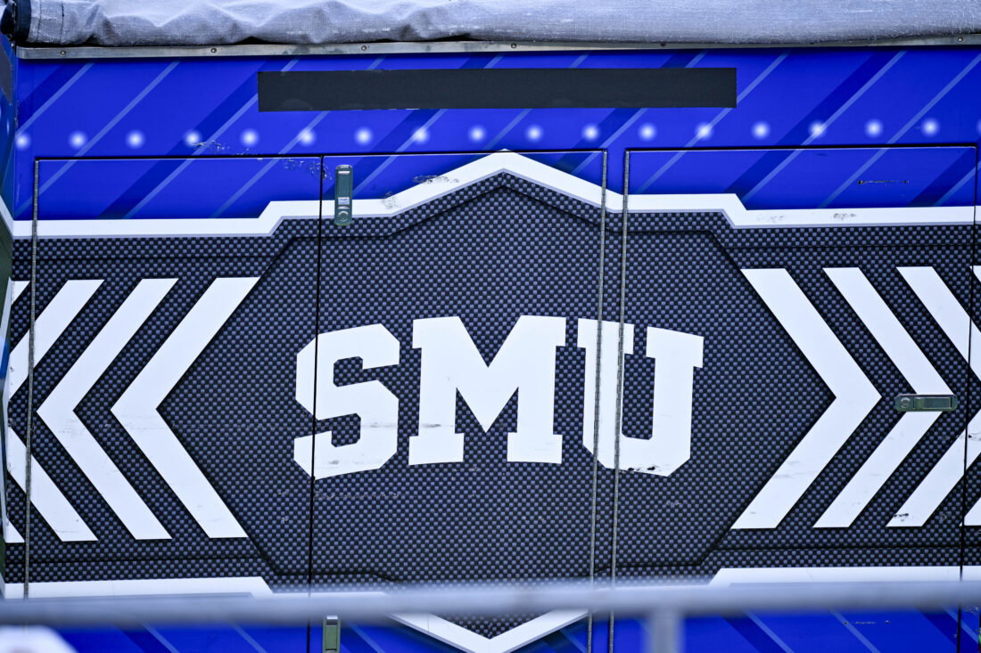 Sep 12, 2026; Dallas, Texas, USA; A view of the SMU Mustangs logo during the game between the Mustangs and the Aggies at Gerald J. Ford Stadium. Mandatory Credit: Jerome Miron-Imagn Images