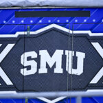 Sep 12, 2026; Dallas, Texas, USA; A view of the SMU Mustangs logo during the game between the Mustangs and the Aggies at Gerald J. Ford Stadium. Mandatory Credit: Jerome Miron-Imagn Images