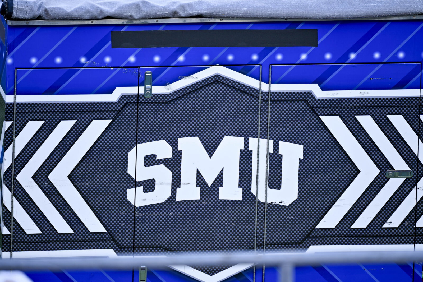 Sep 12, 2026; Dallas, Texas, USA; A view of the SMU Mustangs logo during the game between the Mustangs and the Aggies at Gerald J. Ford Stadium. Mandatory Credit: Jerome Miron-Imagn Images