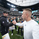 Sep 13, 2026; Paradise, Nevada, USA; Las Vegas Raiders head coach Klint Kubiak shakes hands with Miami Dolphins head coach Jeff Hafley after the game at Allegiant Stadium. Mandatory Credit: Kirby Lee-Imagn Images