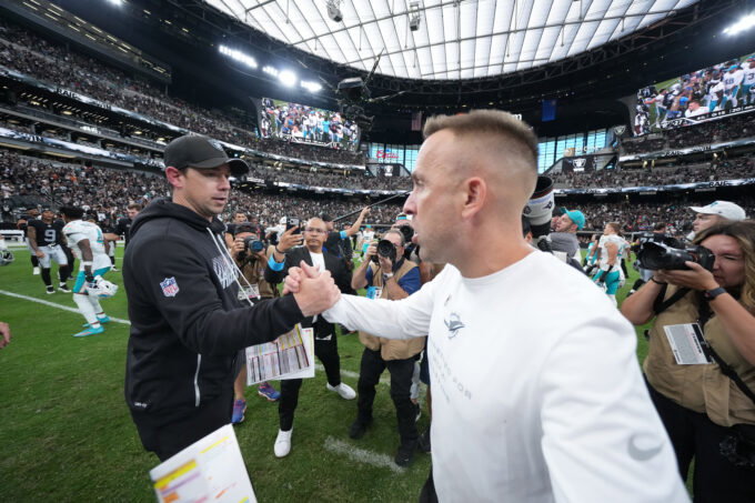 Sep 13, 2026; Paradise, Nevada, USA; Las Vegas Raiders head coach Klint Kubiak shakes hands with Miami Dolphins head coach Jeff Hafley after the game at Allegiant Stadium. Mandatory Credit: Kirby Lee-Imagn Images