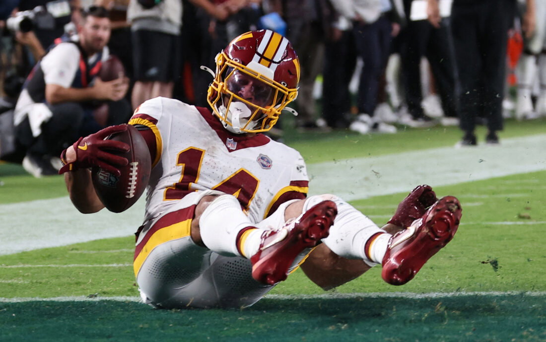 Sep 13, 2026; Philadelphia, Pennsylvania, USA; Washington Commanders wide receiver Antonio Williams (14) catches a pass for a touchdown against the Philadelphia Eagles during the second half at Lincoln Financial Field. Mandatory Credit: Bill Streicher-Imagn Images