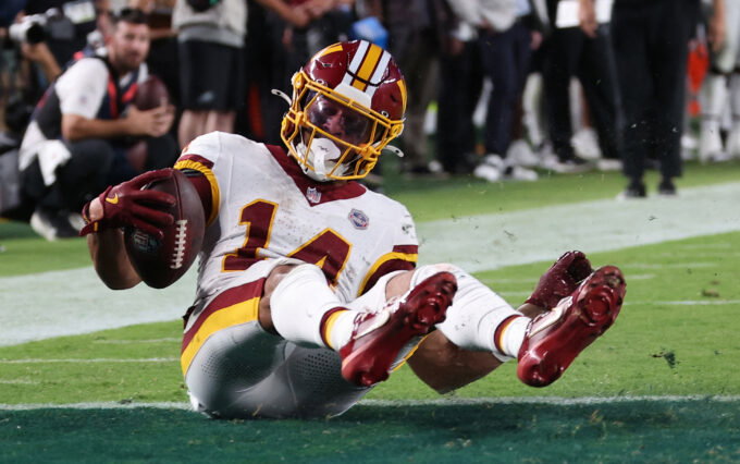 Sep 13, 2026; Philadelphia, Pennsylvania, USA; Washington Commanders wide receiver Antonio Williams (14) catches a pass for a touchdown against the Philadelphia Eagles during the second half at Lincoln Financial Field. Mandatory Credit: Bill Streicher-Imagn Images