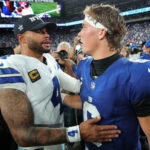 Sep 13, 2026; East Rutherford, New Jersey, USA; Dallas Cowboys quarterback Dak Prescott (4) speaks with New York Giants quarterback Jaxson Dart (6) after the game at MetLife Stadium. Mandatory Credit: Brad Penner-Imagn Images