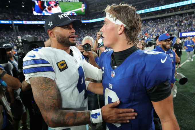 Sep 13, 2026; East Rutherford, New Jersey, USA; Dallas Cowboys quarterback Dak Prescott (4) speaks with New York Giants quarterback Jaxson Dart (6) after the game at MetLife Stadium. Mandatory Credit: Brad Penner-Imagn Images