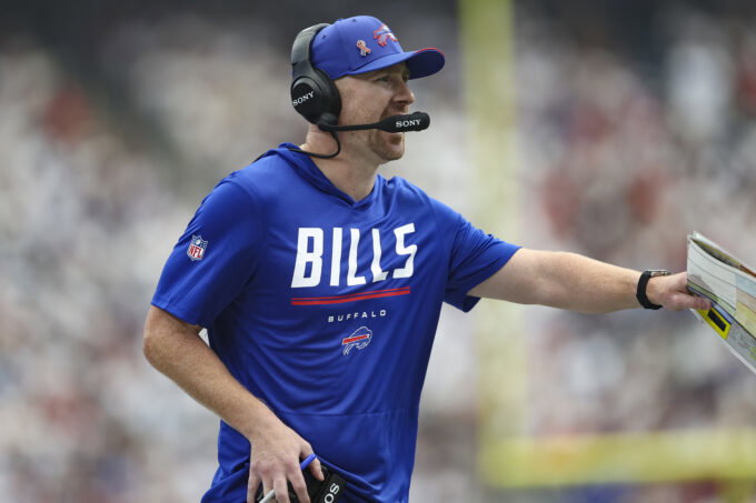 Sep 13, 2026; Houston, Texas, USA; Buffalo Bills head coach Joe Brady on the sideline during the game against the Houston Texans at Reliant Stadium. Mandatory Credit: Troy Taormina-Imagn Images