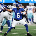Sep 13, 2026; East Rutherford, New Jersey, USA; New York Giants quarterback Jaxson Dart (6) throws the ball against the Dallas Cowboys at MetLife Stadium. Mandatory Credit: Vincent Carchietta-Imagn Images