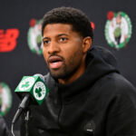 September 15, 2026; Boston, Massachusetts, USA; Boston Celtics forward Paul George (13) speaks during a press conference at The Auerbach Center at Boston Landing. Mandatory Credit: