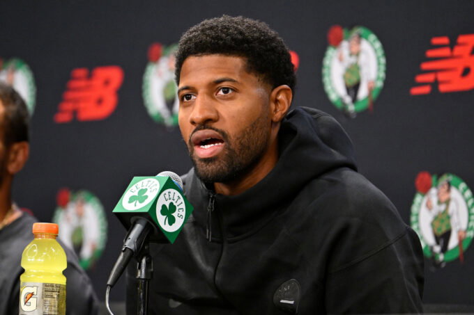 September 15, 2026; Boston, Massachusetts, USA; Boston Celtics forward Paul George (13) speaks during a press conference at The Auerbach Center at Boston Landing. Mandatory Credit: