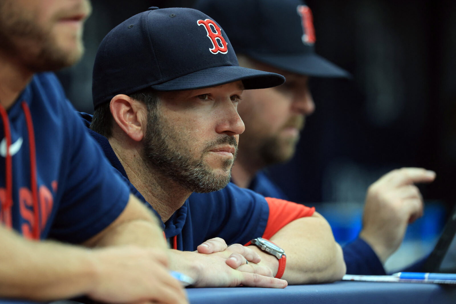 Sep 19, 2026; St. Petersburg, Florida, USA; Boston Red Sox interim manager Chad Tracy (17) looks on during the third inning against the Tampa Bay Rays at Tropicana Field. Mandatory Credit: Kim Klement Neitzel-Imagn Images