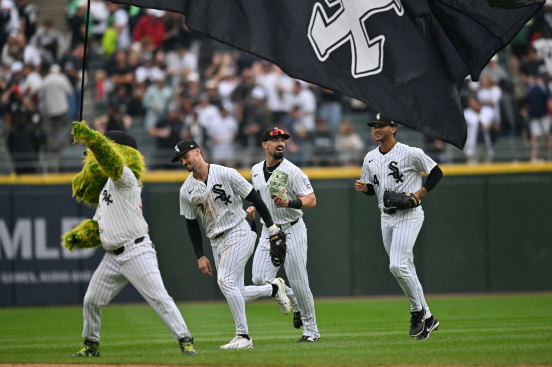 Sep 19, 2026; Chicago, Illinois, USA; Chicago White Sox center fielder Brenton Doyle (7), outfielder Randal Grichuk (34) and right fielder Braden Montgomery (24) celebrate after defeating the Detroit Tigers at Rate Field. Mandatory Credit: Patrick Gorski-Imagn Images