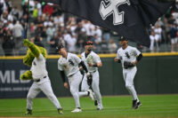 Sep 19, 2026; Chicago, Illinois, USA; Chicago White Sox center fielder Brenton Doyle (7), outfielder Randal Grichuk (34) and right fielder Braden Montgomery (24) celebrate after defeating the Detroit Tigers at Rate Field. Mandatory Credit: Patrick Gorski-Imagn Images