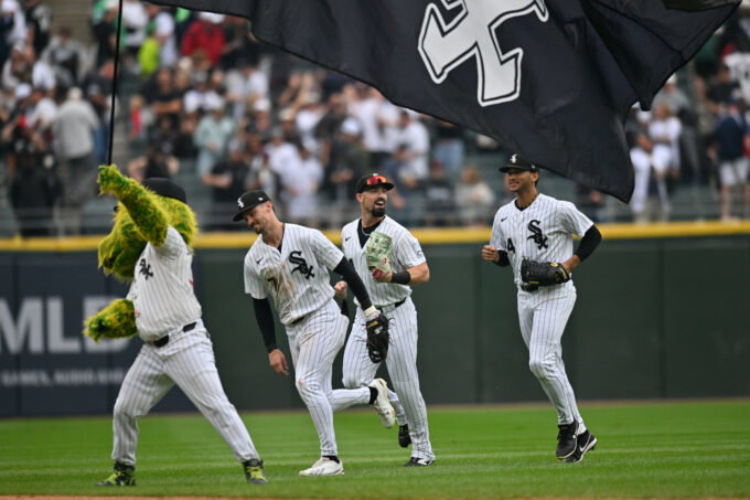 Sep 19, 2026; Chicago, Illinois, USA; Chicago White Sox center fielder Brenton Doyle (7), outfielder Randal Grichuk (34) and right fielder Braden Montgomery (24) celebrate after defeating the Detroit Tigers at Rate Field. Mandatory Credit: Patrick Gorski-Imagn Images