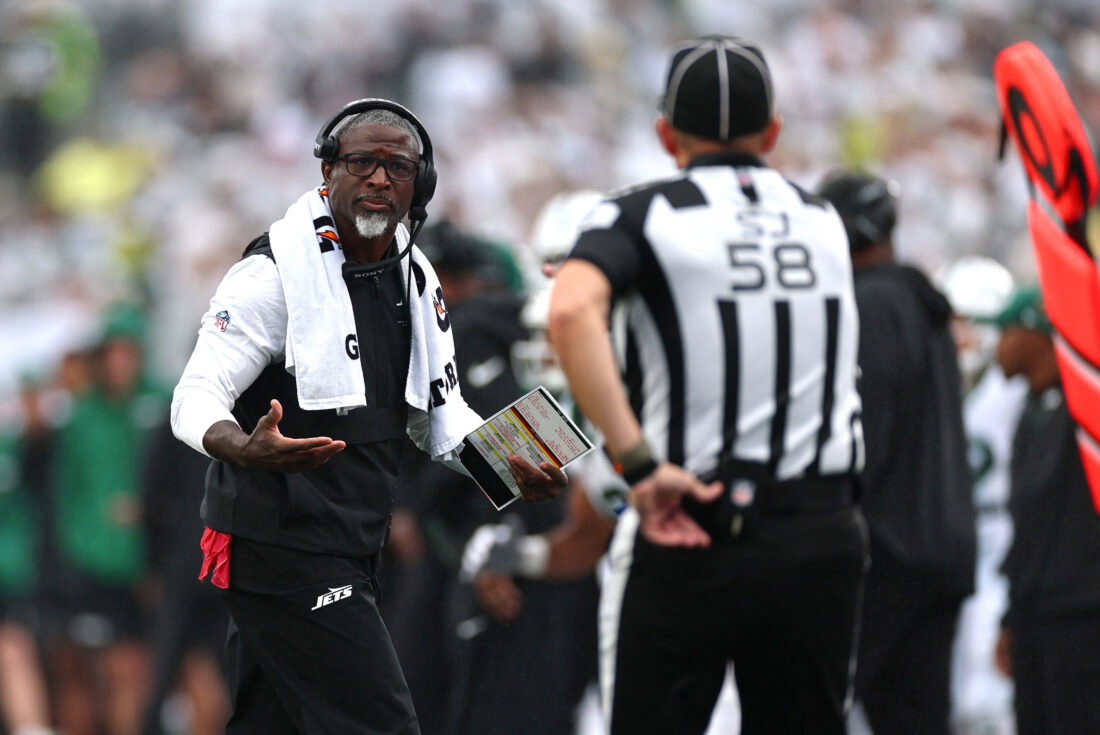 Sep 20, 2026; East Rutherford, New Jersey, USA; New York Jets head coach Aaron Glenn questions a call during the third quarter against the Green Bay Packers at MetLife Stadium. Mandatory Credit: Vincent Carchietta-Imagn Images