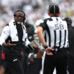 Sep 20, 2026; East Rutherford, New Jersey, USA; New York Jets head coach Aaron Glenn questions a call during the third quarter against the Green Bay Packers at MetLife Stadium. Mandatory Credit: Vincent Carchietta-Imagn Images