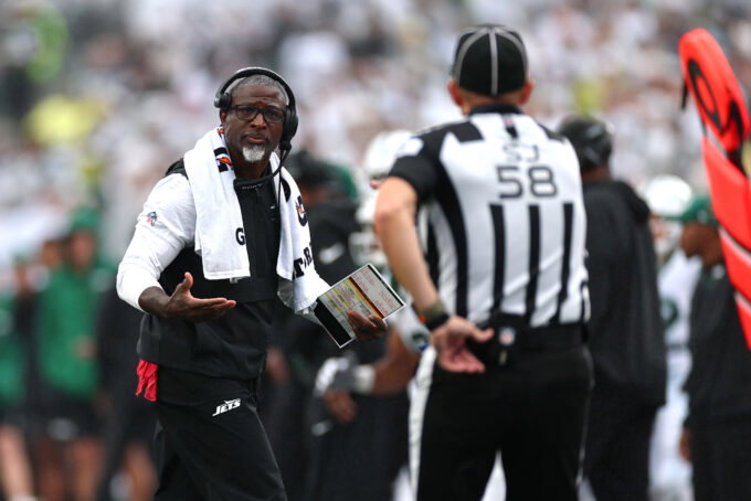 Sep 20, 2026; East Rutherford, New Jersey, USA; New York Jets head coach Aaron Glenn questions a call during the third quarter against the Green Bay Packers at MetLife Stadium. Mandatory Credit: Vincent Carchietta-Imagn Images