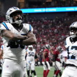 Sep 20, 2026; Atlanta, Georgia, USA; Carolina Panthers tight end Darren Waller (88) celebrates after scoring a touchdown during the third quarter against the Atlanta Falcons at Mercedes-Benz Stadium. Mandatory Credit: Dale Zanine-Imagn Images