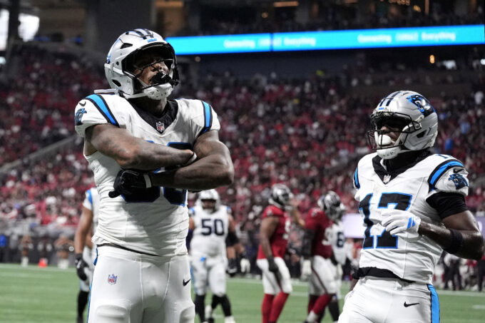 Sep 20, 2026; Atlanta, Georgia, USA; Carolina Panthers tight end Darren Waller (88) celebrates after scoring a touchdown during the third quarter against the Atlanta Falcons at Mercedes-Benz Stadium. Mandatory Credit: Dale Zanine-Imagn Images